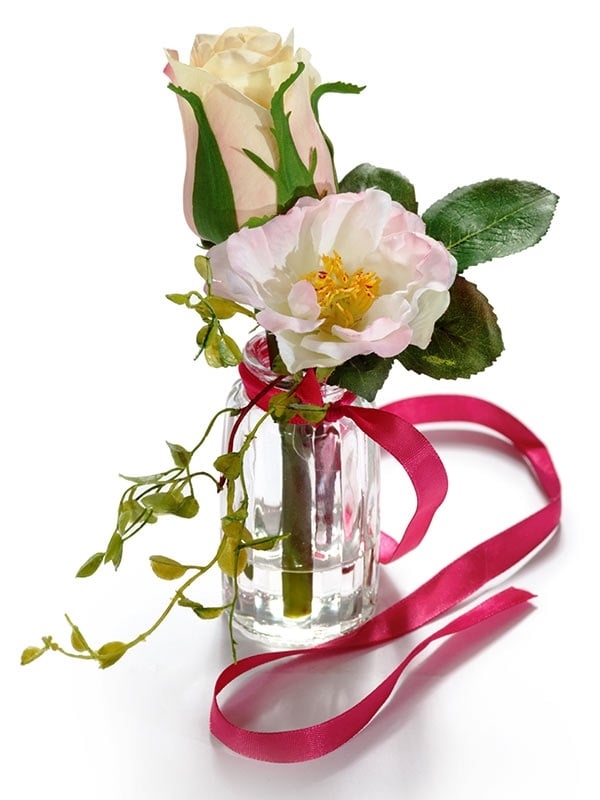 Композиция-мини Розы микс крем-роз с Анжелой вайн с лентой в стекле с водой (искусственная) Treez Collection - фото 65067