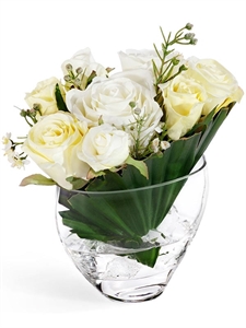 Композиция (искусственная) Розы малые бело-ванильн. в пальмовом листе в стекл.вазе с кристаллами в воде Treez Collection