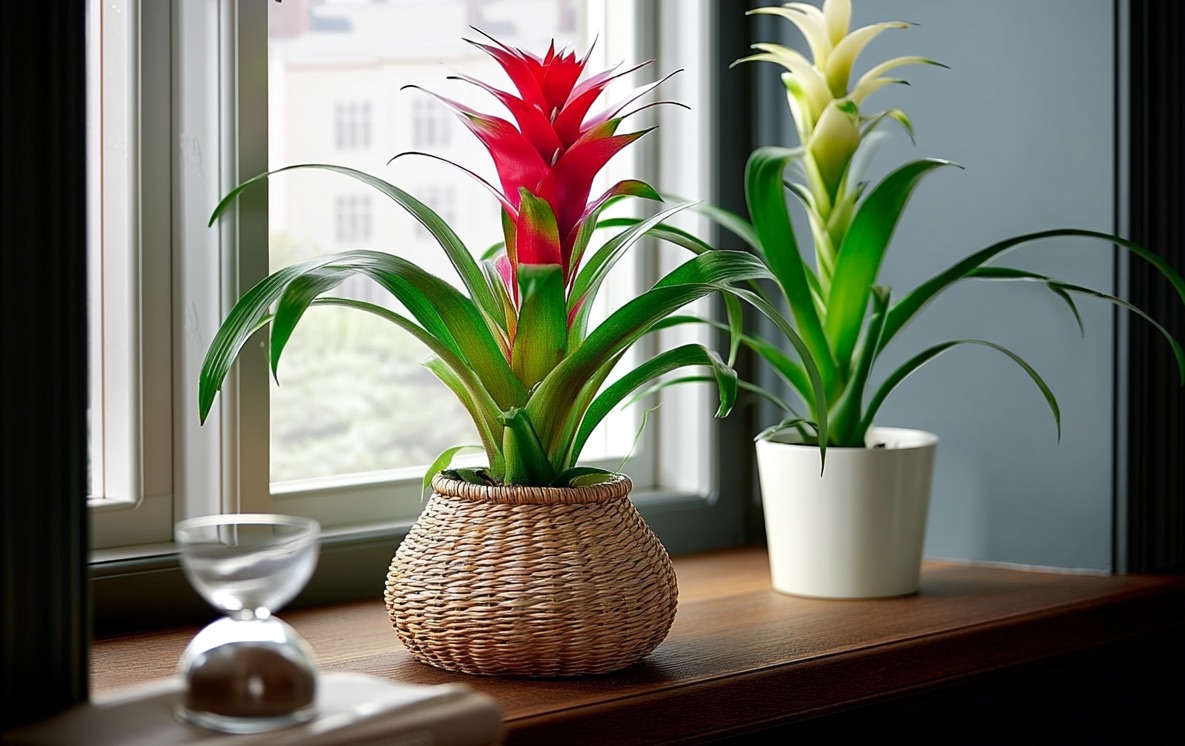 Гузмания в кашпо на подоконнике