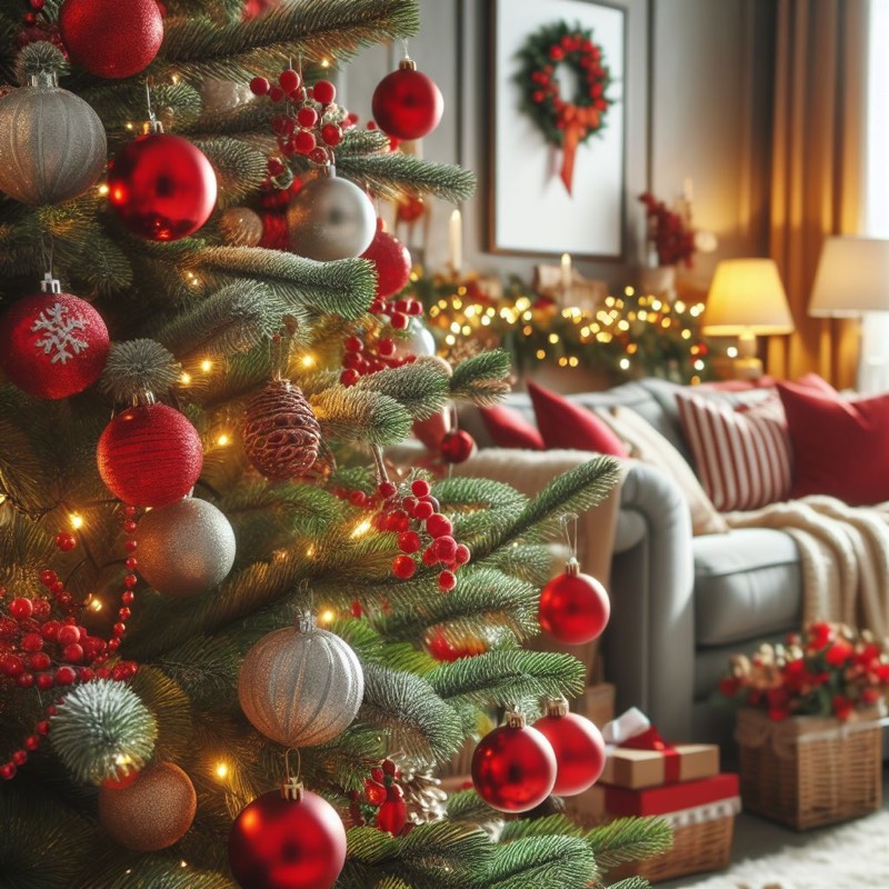 Нарядная рождественская ель в интерьере гостиной