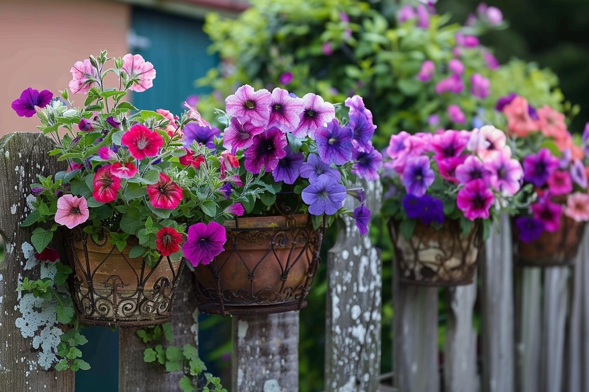  Цветы в кашпо на заборе