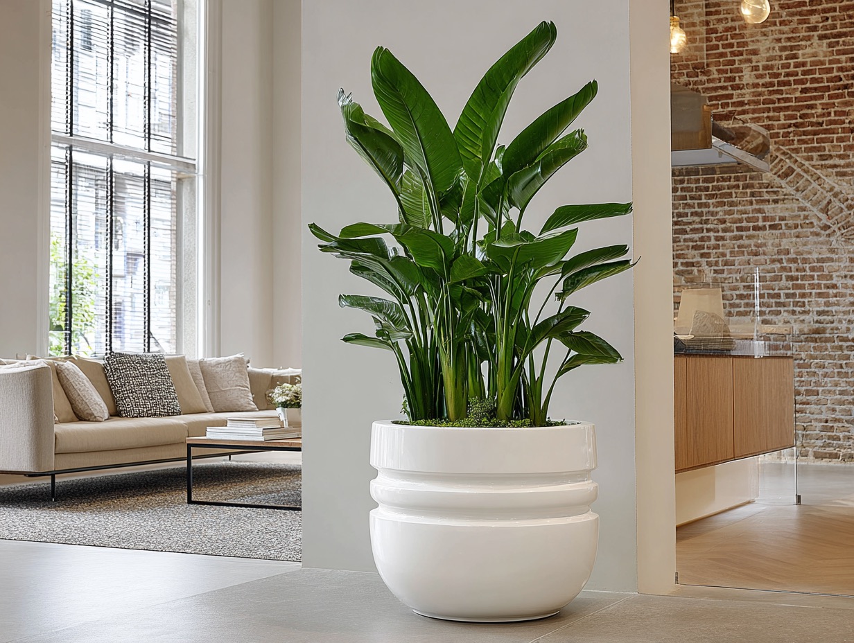 Стрелиция в белом кашпо в гостиной