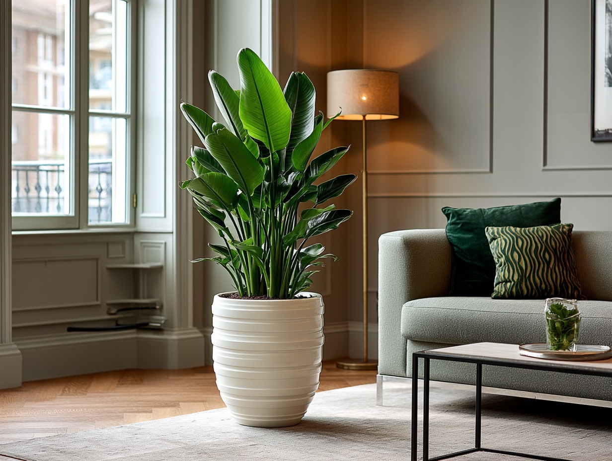 Стрелиция в высоком кашпо